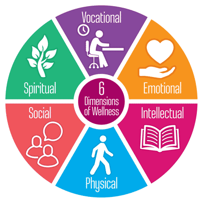 6 dimensions of wellness: vocational, emotional, intellectual, physical, social, spiritual